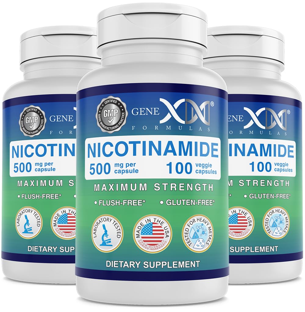 Formules Genex Nicotinamide 500mg (3-Pack) Vitamine B3 Capsules de niacine sans flush pour une peau saine - Supplément Niacinamide Pills aider à produire kératine et soutenir la santé et l'énergie des cellules de la peau (300 Capsules)