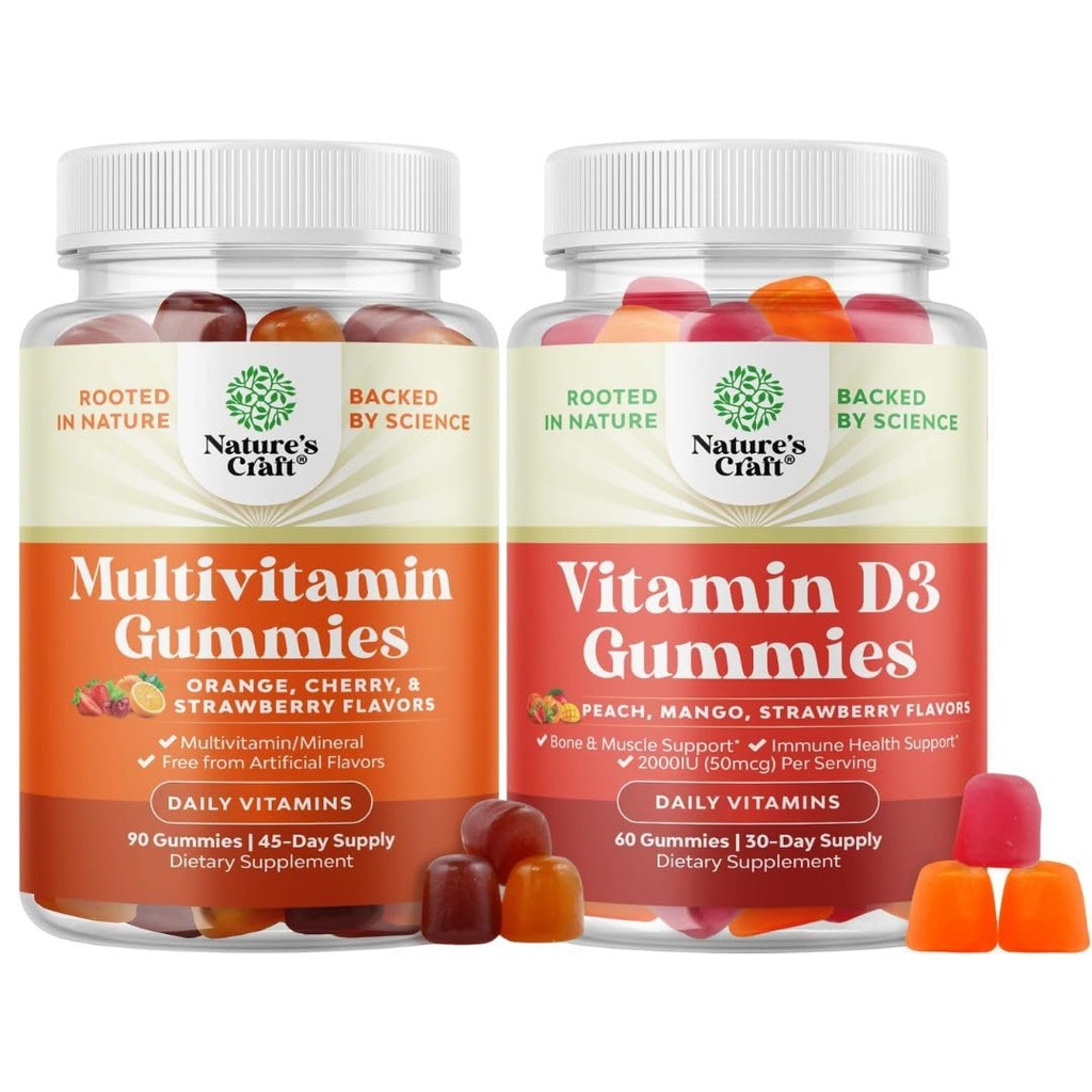Bundel Multivitamine Gummies voor volwassenen - Halal Multivitamine Gummy met B12 Biotine voor mannen & vrouwen en vitamine D3 Gummies voor dagelijkse wellness met 2000IE per Serving Bone Muscle & Immune Ondersteuning