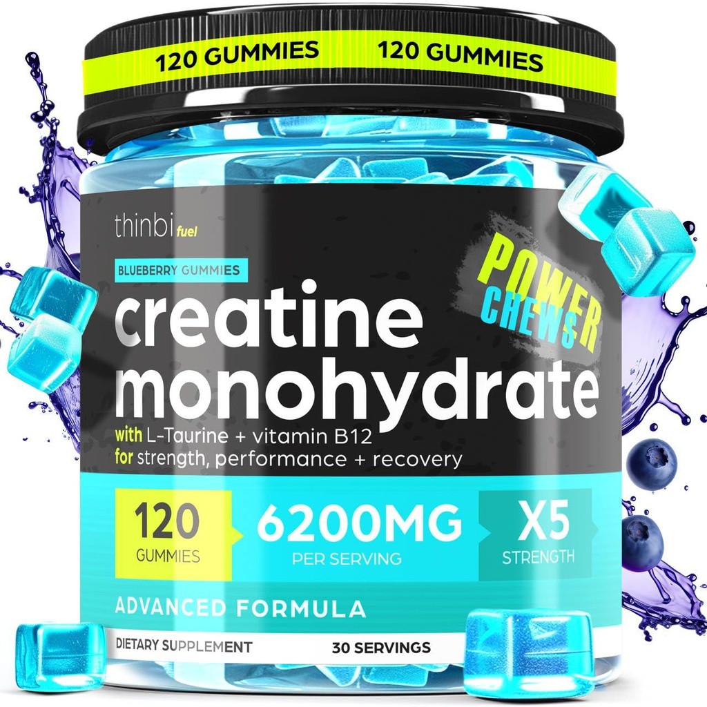 Creatine Monohydrate Gummies Complex 6200mg pour les hommes et les femmes - 120 Gummies Formule avancée W/L-Taurine + Vitamine B12 pour la force musculaire, constructeur musculaire, boost énergétique, supplément pré-entraînement - Thinbi