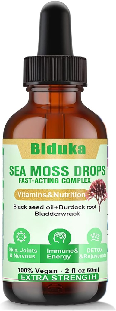 Irish Sea Moss Drops Black Seeds Oil, Bladderwrack, Burdock Root, Vitamine C en Zink, Multiminerale druppels Seamoss Supplement voor Immune, Joint, Digestie, Veroudering Ondersteuning