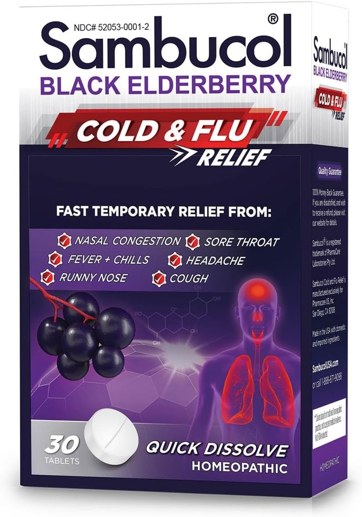 Sambucol Comprimés de soulagement du rhume et de la grippe - Médecine homéopathique du rhume, Remède à froid pour adultes, Berceau aîné noir pour rhume, Remède à froid au zinc - 30 Nombre