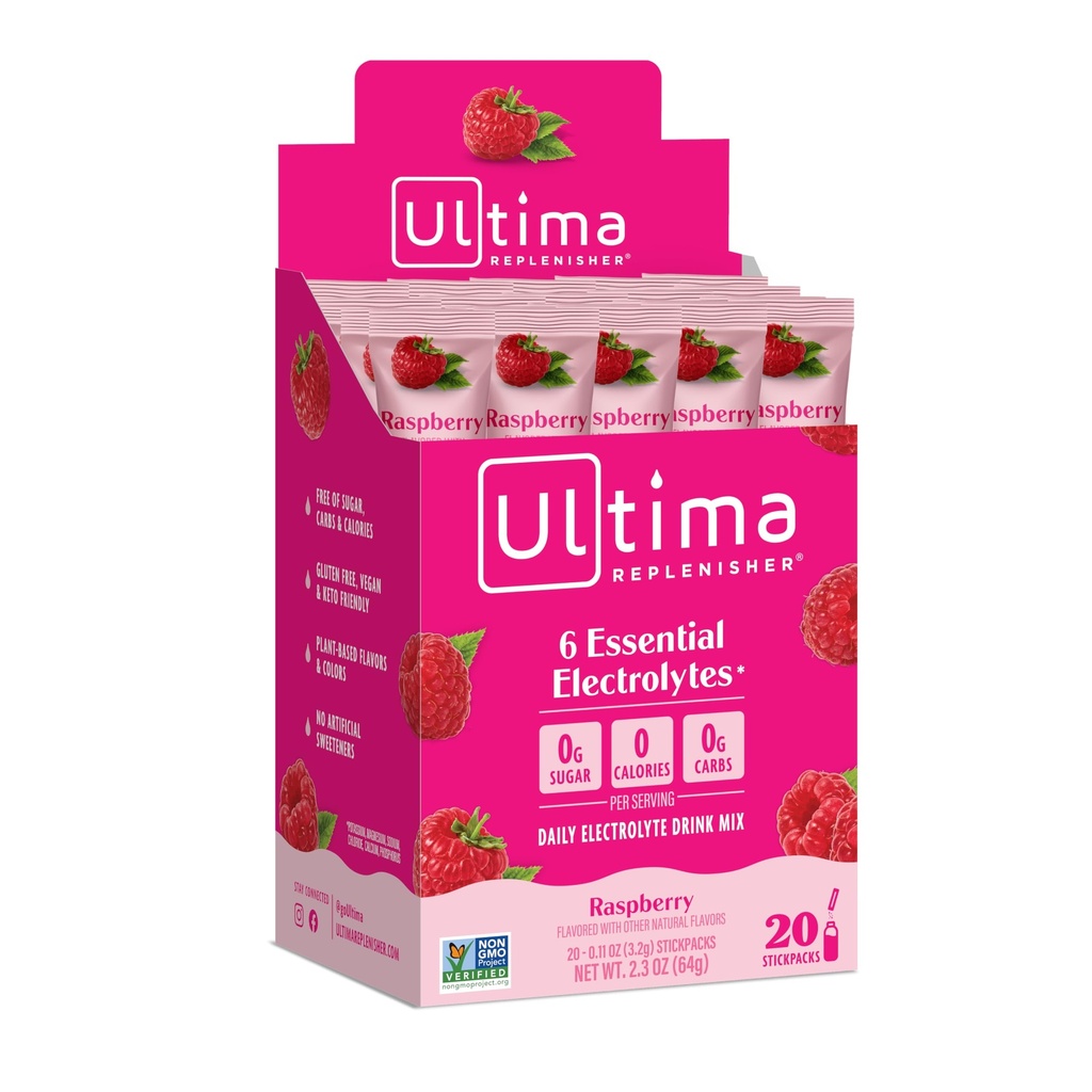 Ultima Replenisher, Mélange de boisson d'hydratation électrolyte, framboise, 20 Compte Stickpacks Boîte - Sans sucre, 0 Calories, 0 Carbes - Sans gluten, Keto, Non-OGM, Vegan