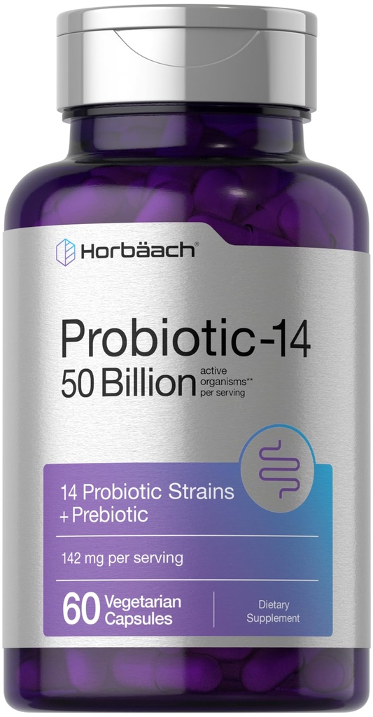 Horbaach Probiotiques pour les femmes et les hommes 60 gélules 14 souches probiotiques avec des organismes actifs prébiotiques de 50 milliards de dollars