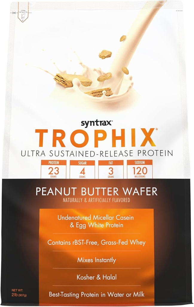 Syntrax Nutrition Trophix, Ultra Sustained-Release Proteine Powder Blend, Pindakaas Wafer 2 lbs, Real Wafer Pieces