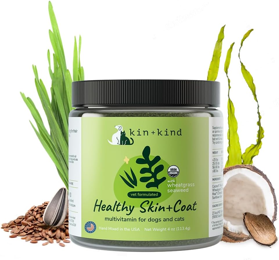 kin+kind Biologische Multivitamine voor honden en katten - Pet Supplement voor gezonde huid en jas - veilige, natuurlijke formule met tarwegras, Kelp, zeewier en kokosnoot - Made in USA - 4 oz (Medium)