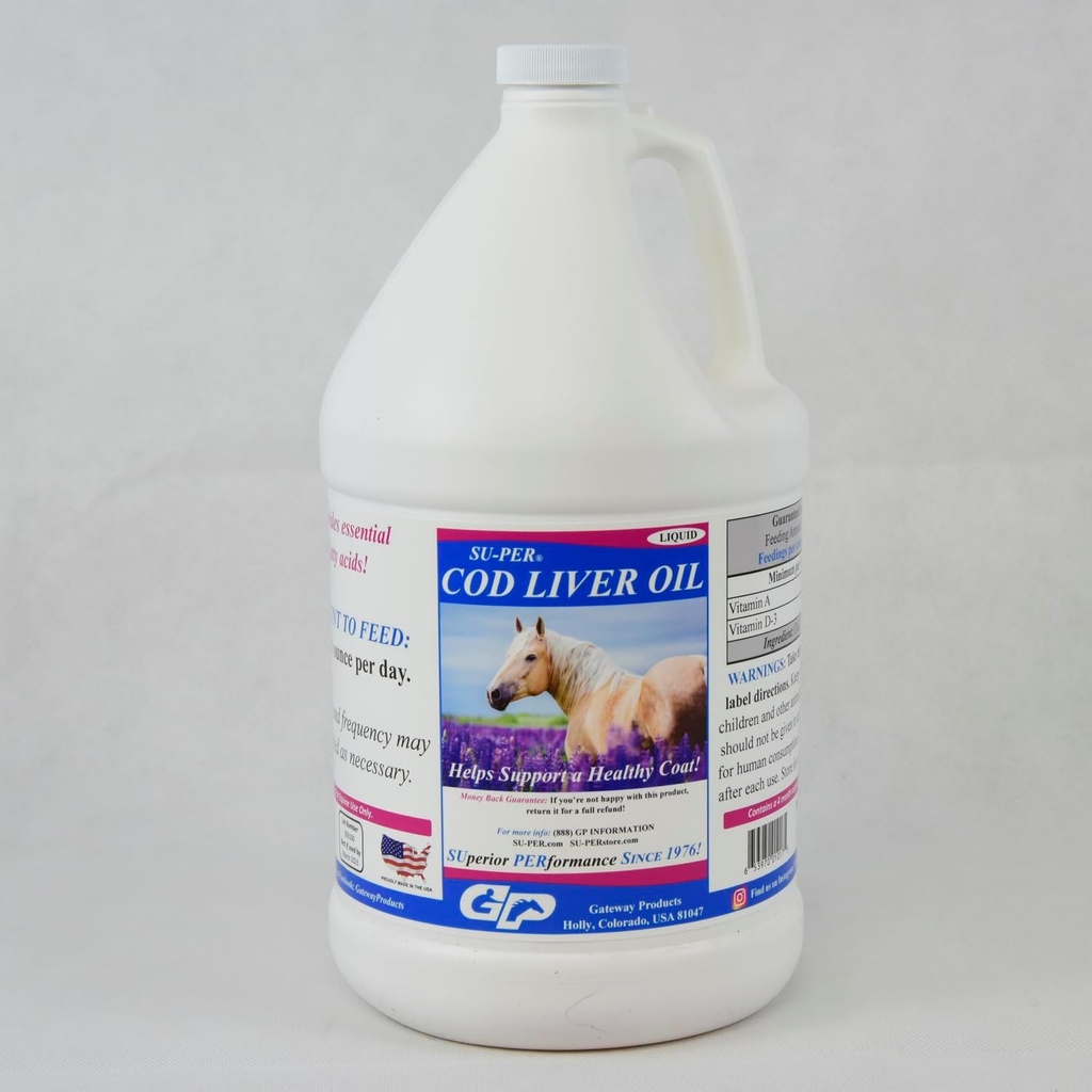 SU-PER kabeljauw Leverolie voor paarden - Horse Oil Supplement met essentiële vetzuren, Omega 3, Vitaminen A & D - Ondersteunt gezonde paardenjas en huid - 1 Gallon, 4 maanden levering