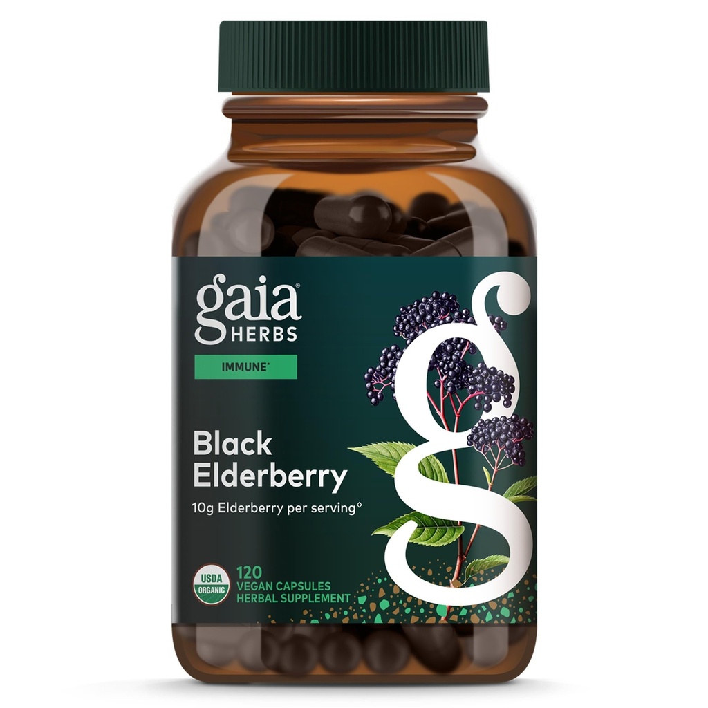 Gaia Herbs Black Elderberry - Supplément quotidien de soutien immunitaire pour aider à soutenir le mieux-être - avec les mûres noires et les fruits de l'acérola pour le soutien antioxydant* - 120 capsules véganes (approvisionnement de 60 jours)
