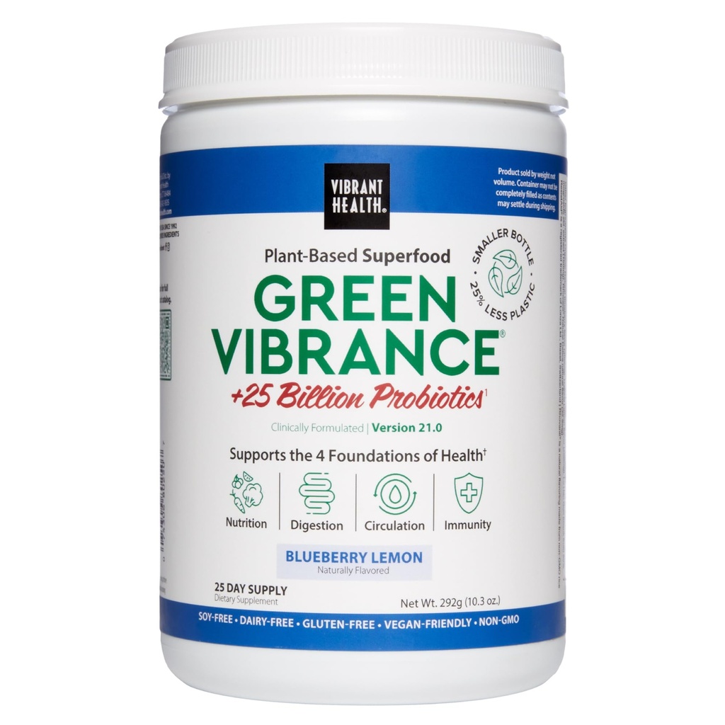 Santé vive, Vibrance verte, Superaliments Poudre avec 70+ aliments végétaux entiers et 25 milliards de probiotiques par portion, Citron de bleuet, 25 portions