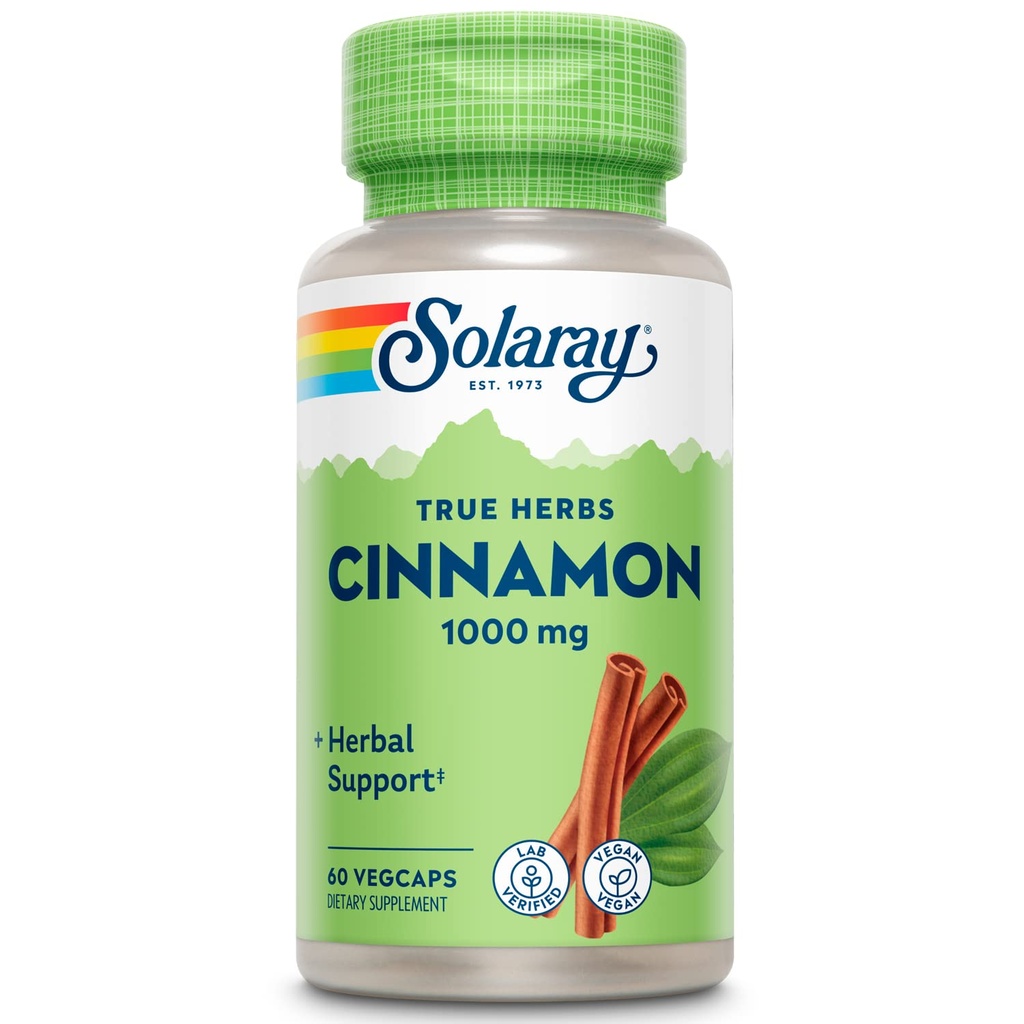 SOLARAY True Herbs Cinnamon Bark 1000mg - Suppléments de cannelle au sol - Soutien aux plantes pour le bien-être général - Projet non-OGM vérifié - Capsules végétaliennes, garantie de 60 jours - 30 portions, 60 VegCaps