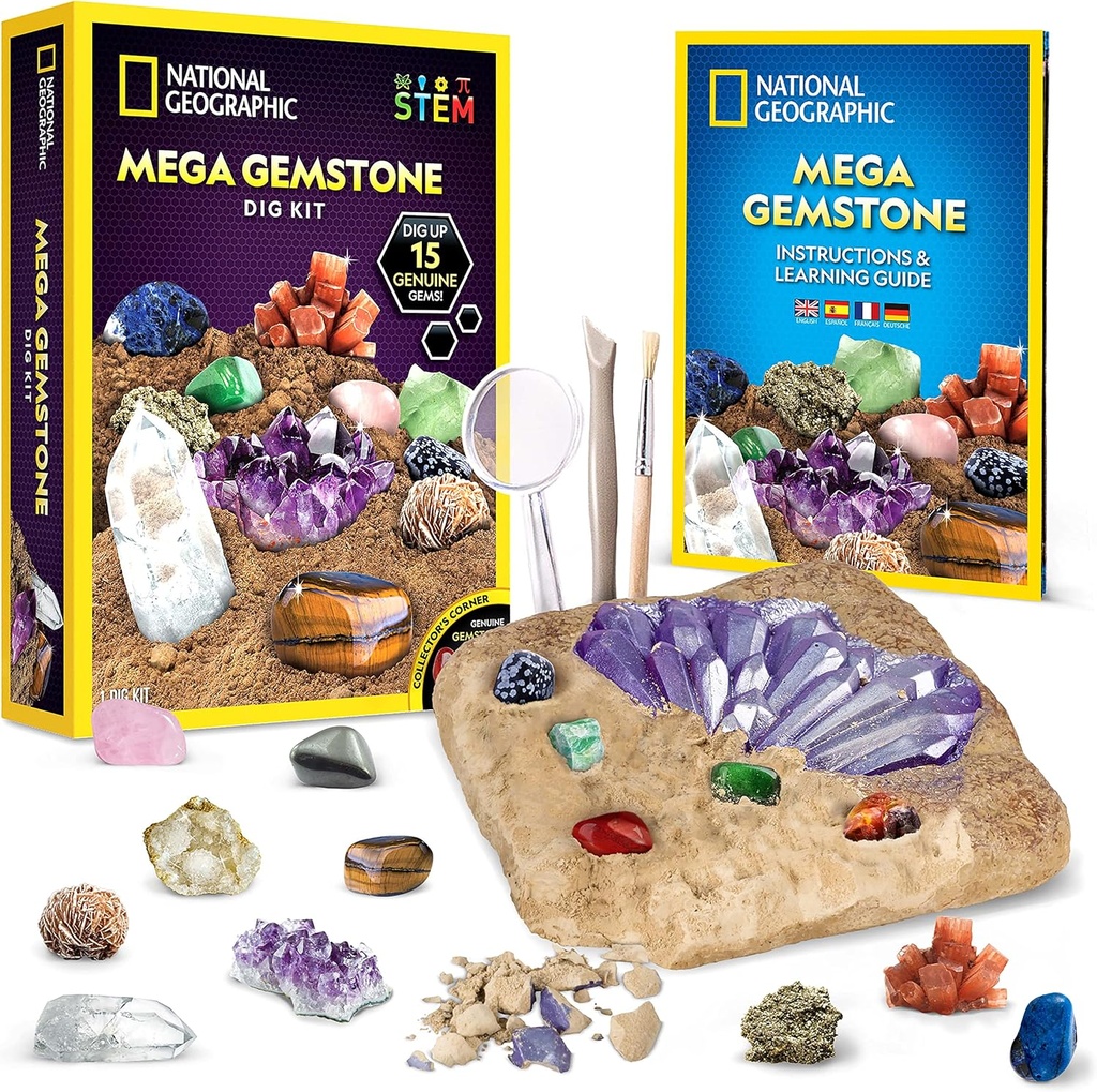 NATIONAL GEOGRAFIC Mega Gemstone Dig Kit Graven 15 echte edelstenen en kristallen, Science Kit voor kinderen, Gem Graven Kit, Gift voor meisjes en jongens, Mijnset, Rock Collection