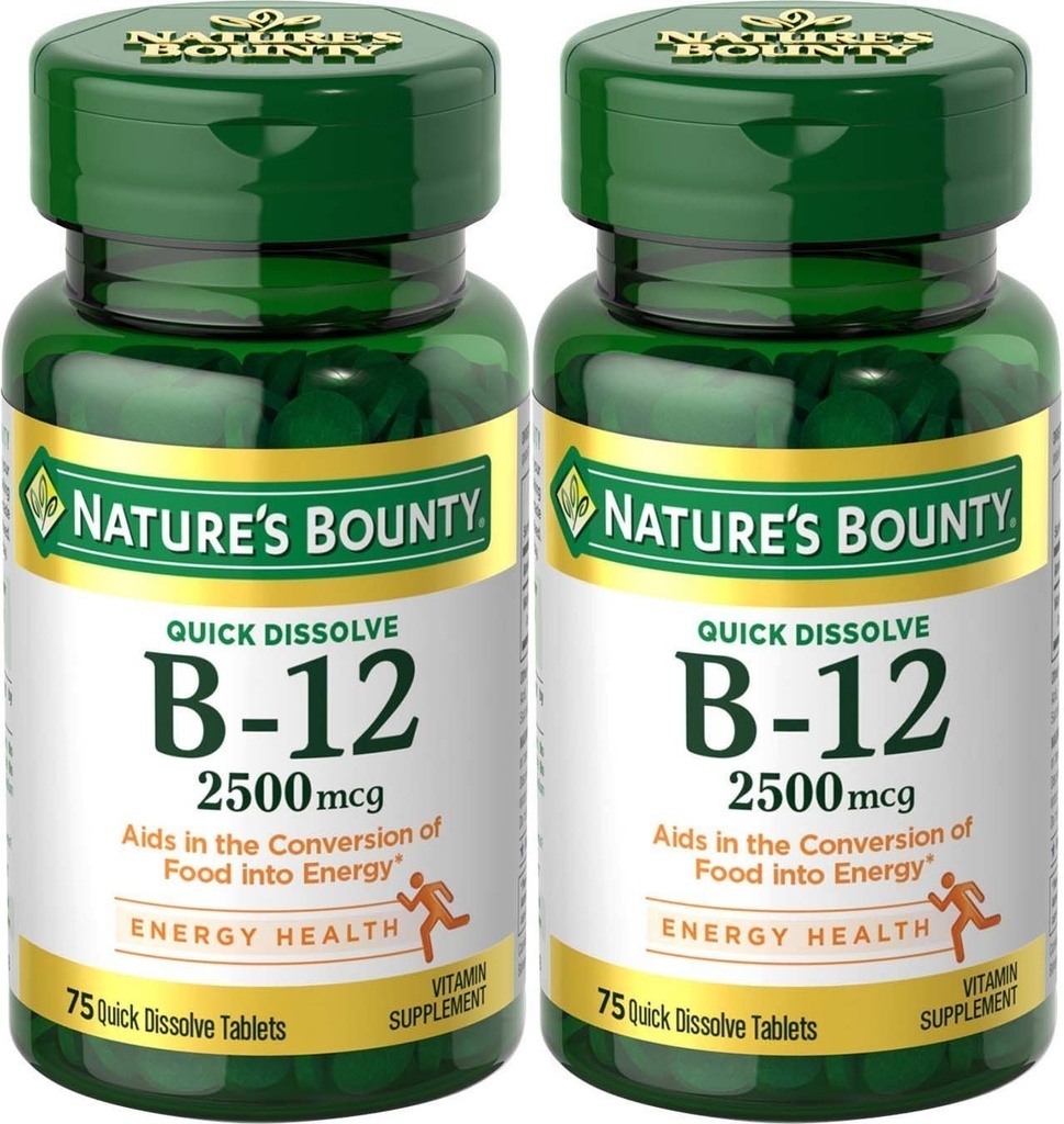Natures Bounty Vitamine B-12, Quick Solution, 2500 mcg, Natural Cherry Flavor 75 ct (2 Pack)