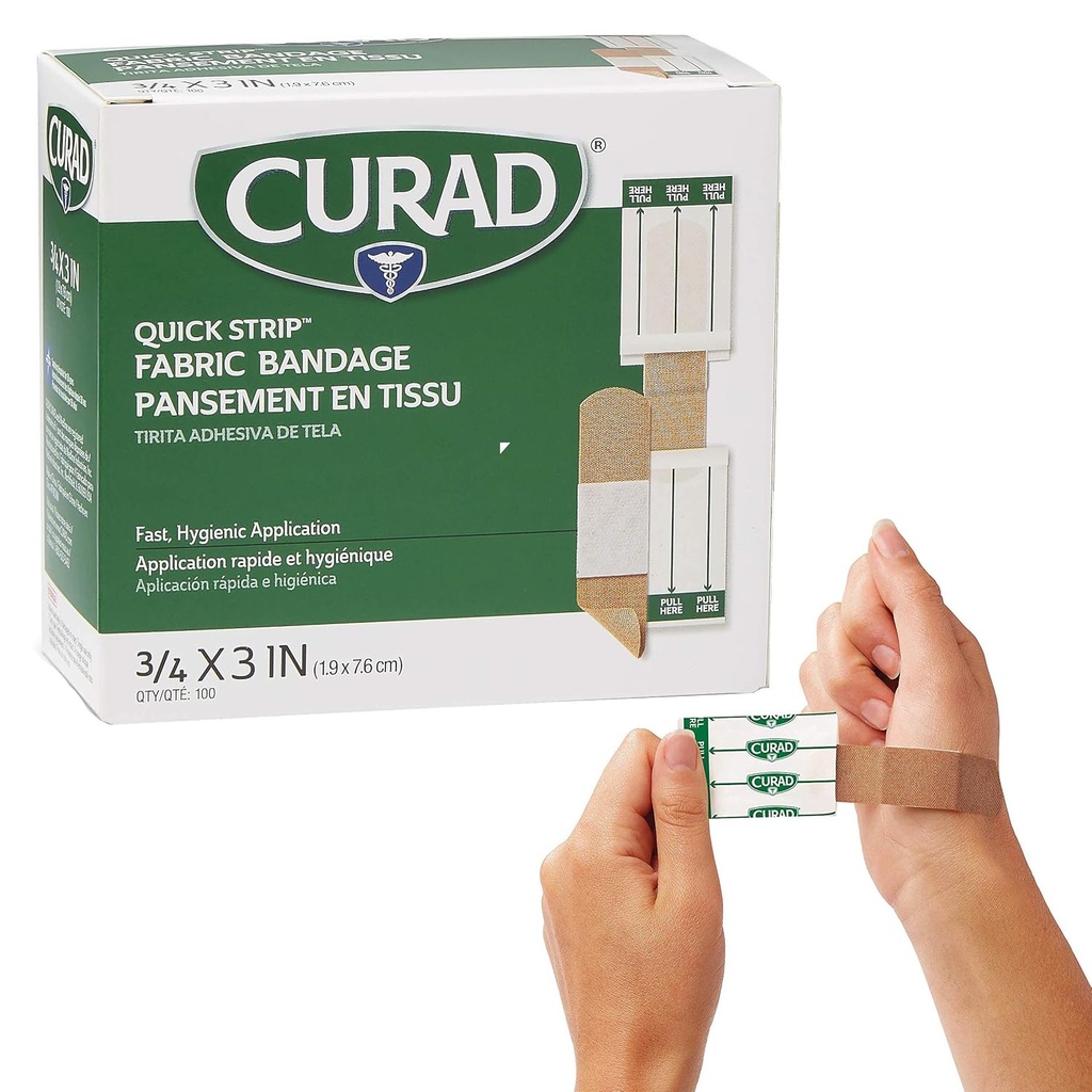 CURAD bande rapide de tissu adhésif stérile bandes avec application rapide, 3/4" x 3", boîte de 100