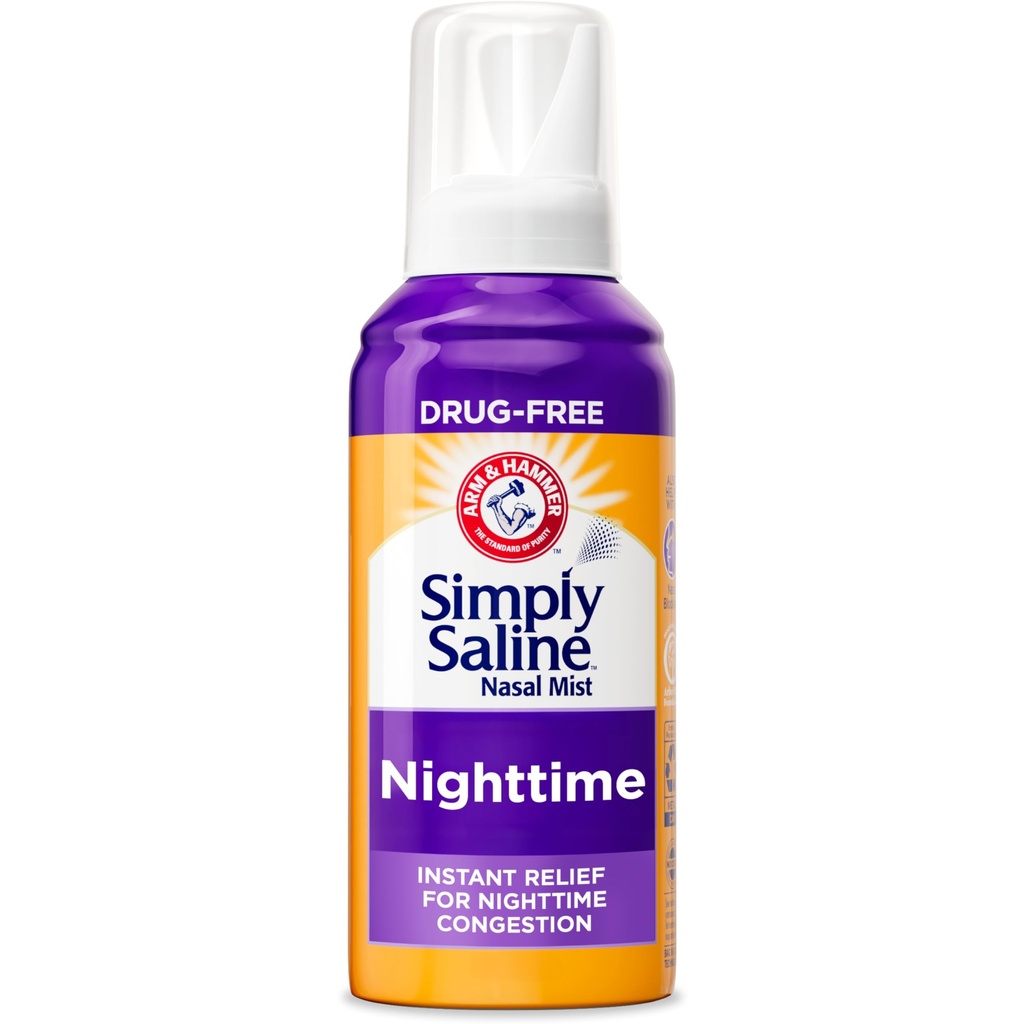 ARM & HAMMER Simply Saline Nighttime Drugvrije mist voor neuscongestie in de nacht, extra sterkte, kalmerende eucalyptus, veilig te gebruiken met Rx en OTC, voor volwassenen en kinderen leeftijden 2+, 4.6 oz (129 g)