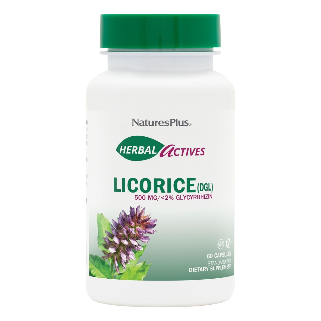 NaturesPlus Herbal Actives Licorice (DGL) 500 mg - 60 Capsules, Pack de 2 - Soutient la digestion saine et le bien-être général - Végétarien, sans gluten - 120 portions totales