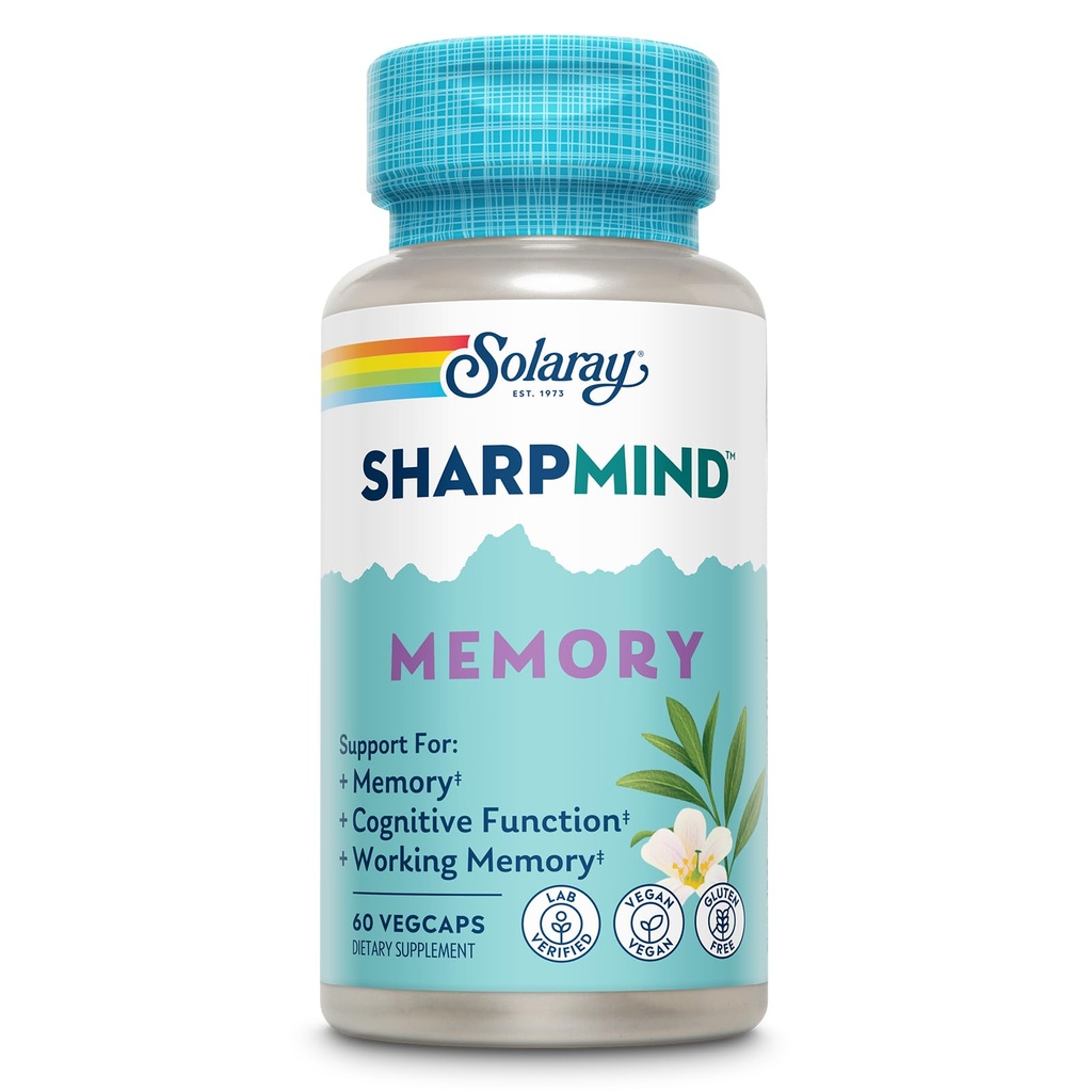 SOLARAY SharpMind Memory Formula - Hersensupplementen voor geheugen en focus - Cognivia, Gotu Kola & Chaga Mushroom Supplement - Ginkgo Biloba Alternatief - 60 dagen garantie - 30 porties, 60 VegCaps