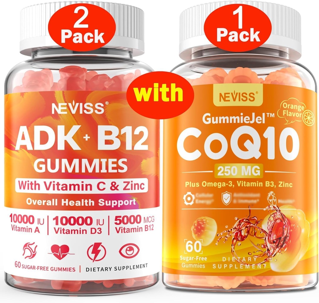 NEVISS 2Pack vitamine ADK met B12 Gummies + 1Pack CoQ10-250mg gevuld Gummies