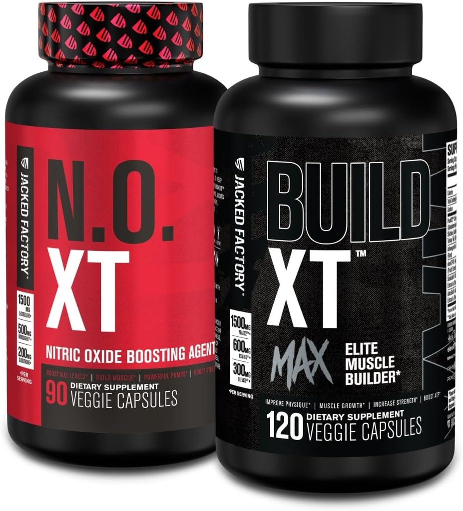 Jacked Factory N.O. XT Nitric Oxide Supplement (90 telling) & Build XT Max Elite Muscle Builder (120 telling)