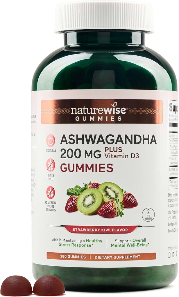 NatureWise Ashwagandha Gummies - Strawberry Kiwi - KSM-66 met vitamine D3 - Calming Mood Support - Vegetarisch - Non-GMO, Gelatine en Glutenvrij - 180 Tellen[3-maand Levering]