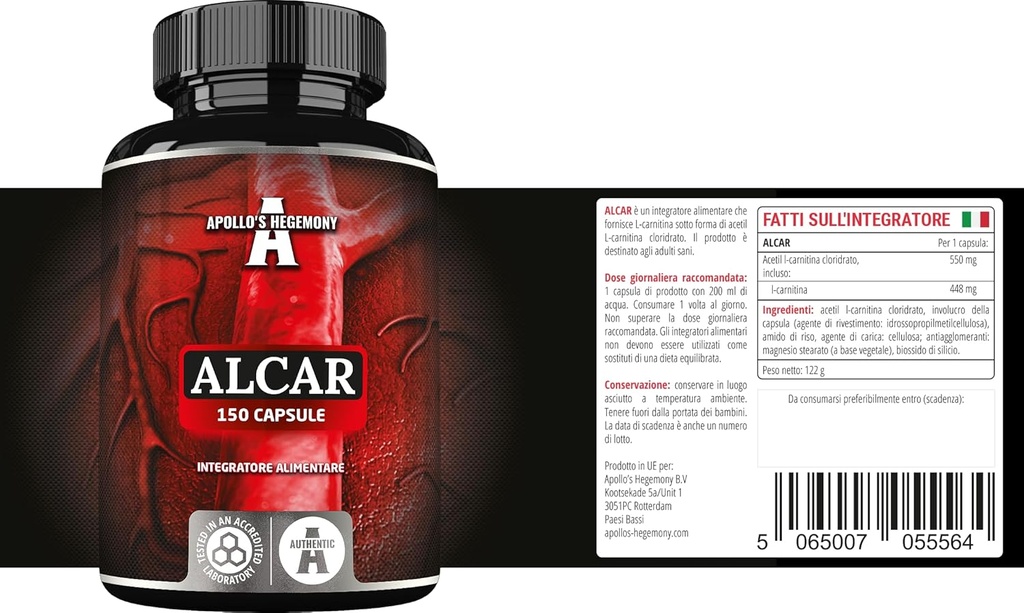 APOLLO'S Hegemony Acetyl L-Carnitine HCL 550 mg, ALCAR 150 Vegan Capsules, 5 maanden levering, hoge sterkte Aminozuur supplement, ondersteunt cognitieve functies en energieniveaus