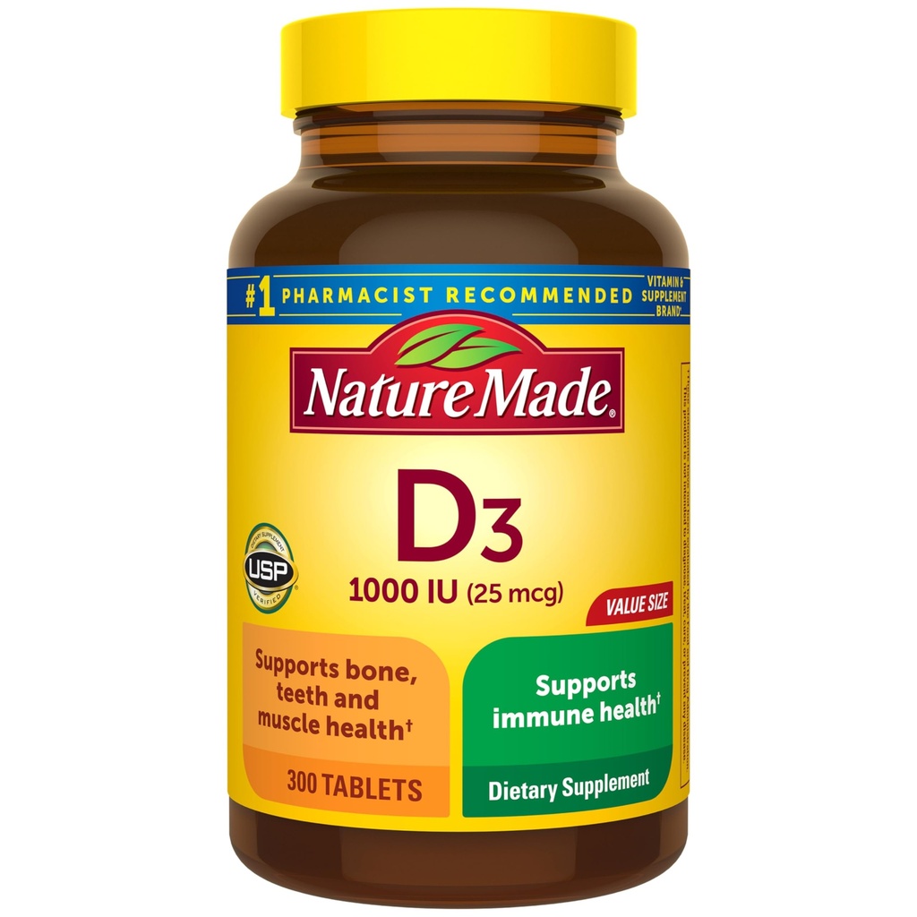 Nature Made Vitamin D3 1000 IE (25 mcg), Vitamine D Supplement voor bot, tanden, spier- en immuungezondheidsondersteuning, 300 tabletten, 300 dagen