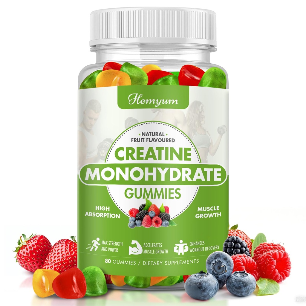 Creatine Monohydraat Gummies - 5g Creatine voor vrouwen Mannen, Verbeterde Spierkracht, Boost Focus en Endurance, Muscle Builder,L-Taurine + Vitamine B12,Veganist, Glutenvrije 80 Tel.