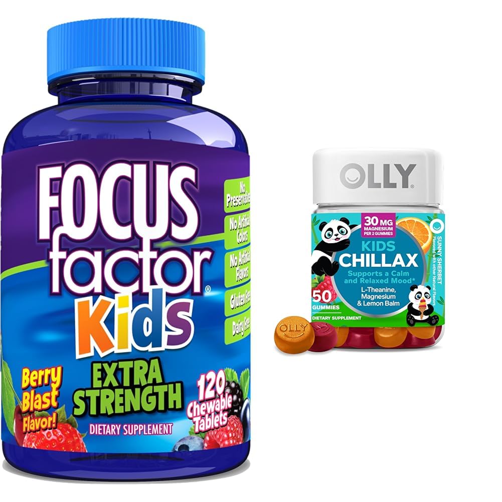 Focus Factor Kids Extra sterkte Dagelijks Kauwbare Hersen Gezondheid Ondersteuning + OLLY Kinderen Chillax Kalm Kauwen, 50 Tellen