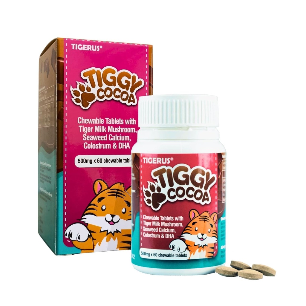 TIGGY Cocoa Kauwtabletten met tijgermelkpaddestoel Heerlijke, handige en voedzame cacao-gebaseerde supplement voor energie, wellness en algemene gezondheid 60 tabletten, kinderen en volwassenen