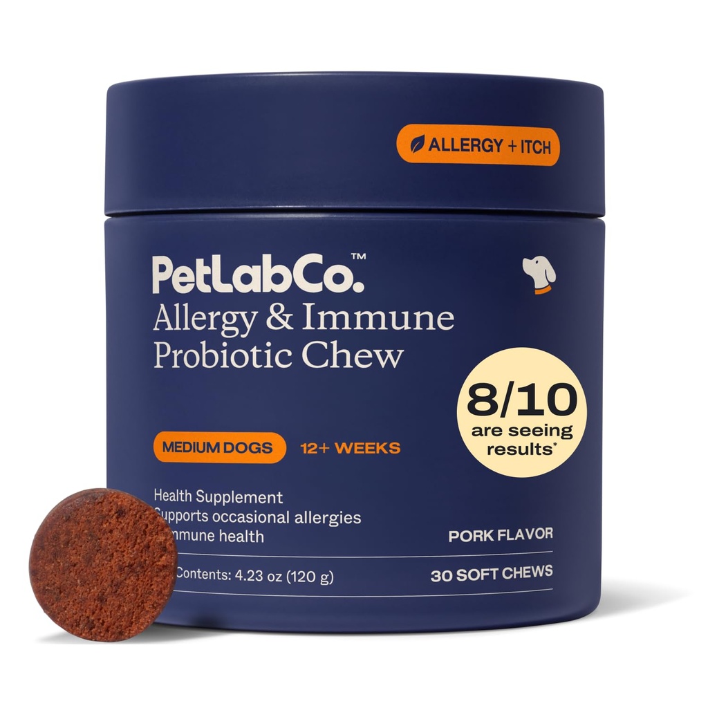 PetLab Co. Allergie & Immune Dagelijkse Probiotica voor honden. Ondersteunt Gistproductie, Seizoensgebonden Allergieën, Intermitterende Itchiness, Gut & Digestieve Gezondheid voor middelgrote honden, verpakking mei Vary