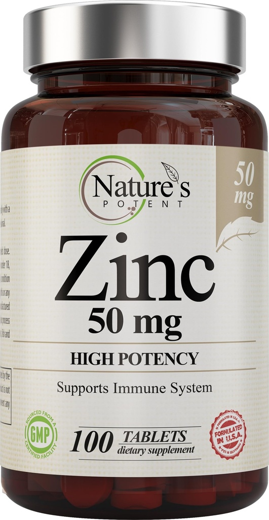 Zink 50mg [High Potency] Supplement - Immune Support System from Natural Zink (Oxide/Citrate) 100 Tablets, Made by Nature