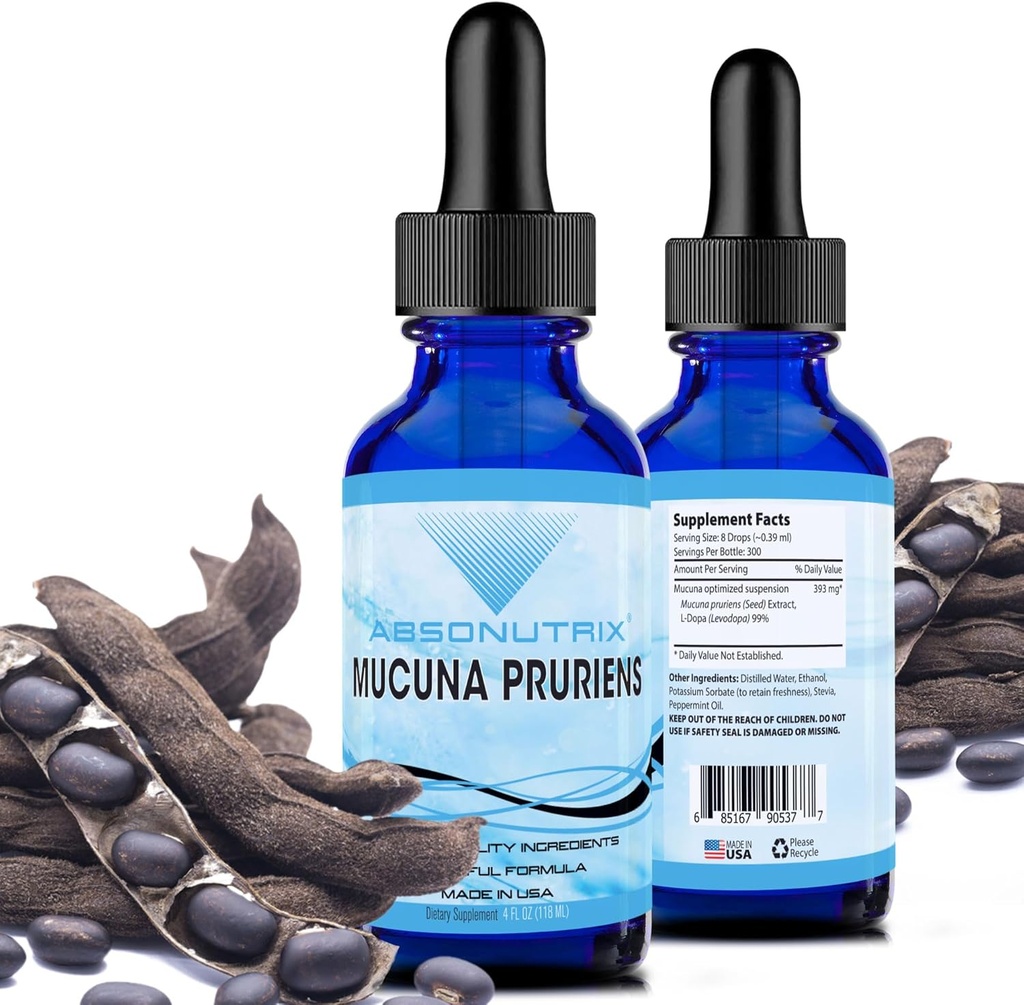 Absonutrix Mucuna Pruriens 393mg, 4 Oz Liquid, 300 Servings, Made in USA, Quick Absorptie, Quality Potent Ingredients, Third-Party Tested, Non-GMO, GMP Certified, Cruelty-Free Products