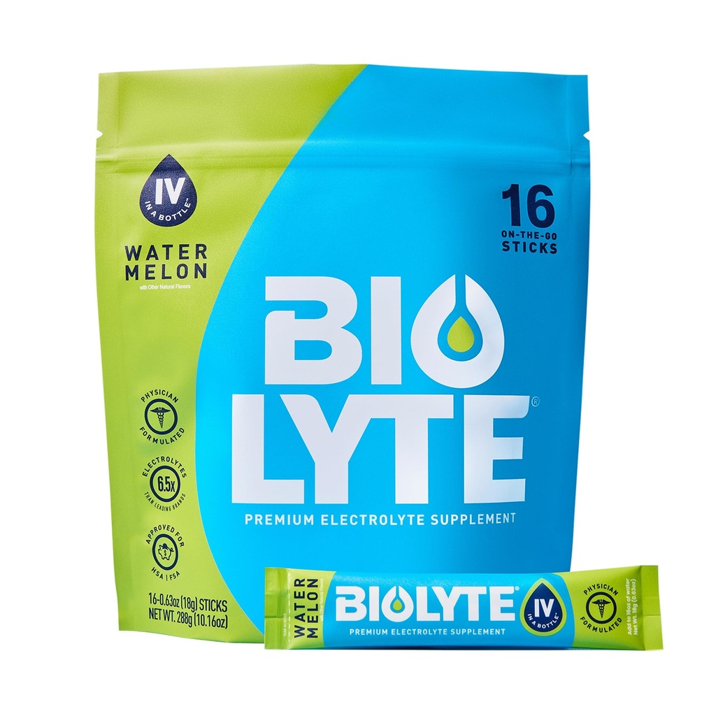BIOLYTE IV Packs de poudre d'électrolyte, IV Mélange de boisson liquide pour l'eau, Hydratation développée par le médecin, Relief de déshydratation approuvé, La chimiothérapie doit avoir pour les femmes et les hommes - pastèque (16 Pack)