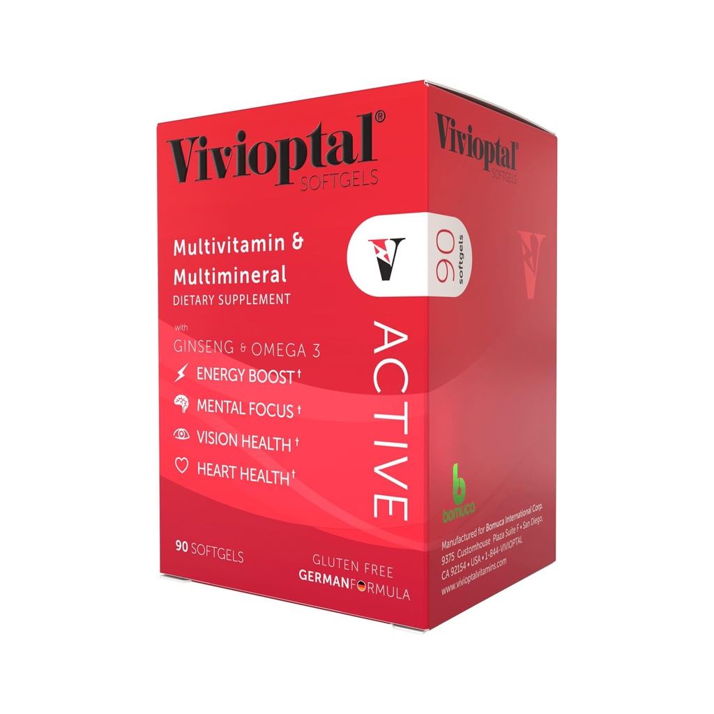 Vivioptal Active, 90 Softgels, Ginseng & Omega 3, Multivitamine & Multimineral, Glutenvrij, Duitse Formule