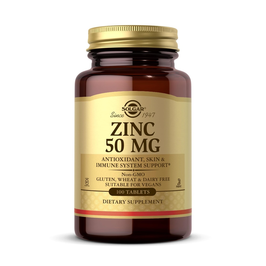 Solgar Zink 50 mg, 100 tabletten - Zink voor een gezonde huid, smaak en zicht - Immuunsysteem en antioxidant ondersteuning - Ondersteunt celgroei en DNA vorming - Niet GGO, Veganistisch, Glutenvrij - 100 porties