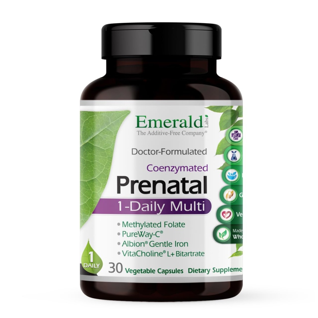 Emerald Labs Prenatale 1-Daily multi-prenatale multivitamine met gemethyleerde folaat, ijzer, Whole-Food Blend & More - sojavrije, glutenvrije - 30 plantaardige capsules