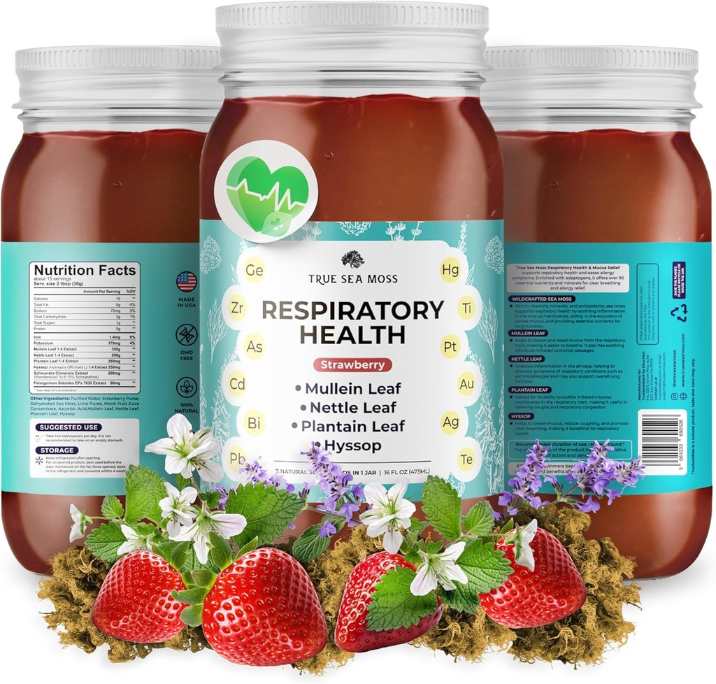 TrueSeaMoss Pro-Line Gel - Santé respiratoire - 5+ Arômes - Gel de fruit avec la mousse de mer et le potassium Premium - Vegan-friendly - Supplément riche en vitamines et minéraux - Fabriqué aux États-Unis (Strawberry, pack de 1)