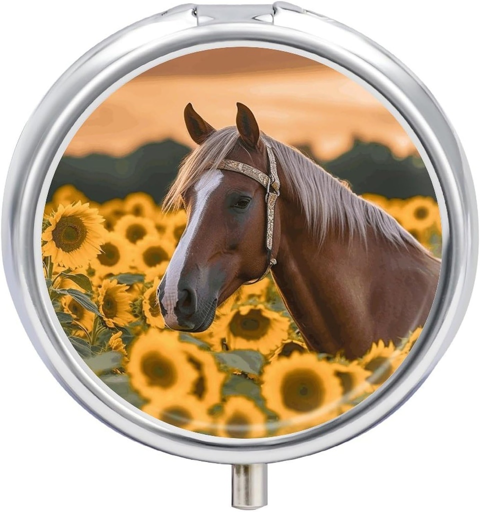 Ronde metalen pil Box, gele zonnebloem paard Gedrukte reis pil Organisator Portable pil container kleine pil Box voor portemonnee en zak voor het opslaan van vitaminen, geneesmiddelen en supplementen