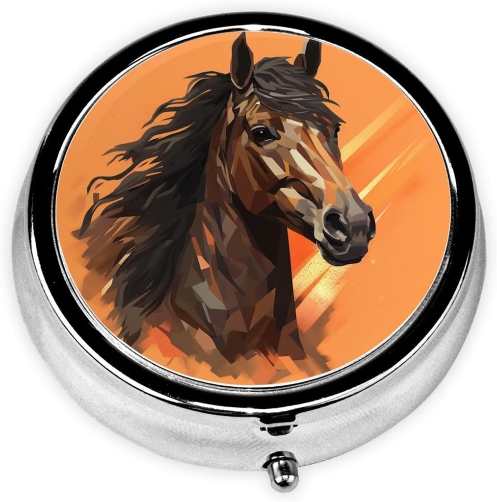 Oranje achtergrond met paard hoofd pil Box metaal ronde kleine pil geval schattig 3 Compartiment pil Organizer Portable Travel Pillbox Mini pil container houder voor dagelijkse geneeskunde supplement vitamine