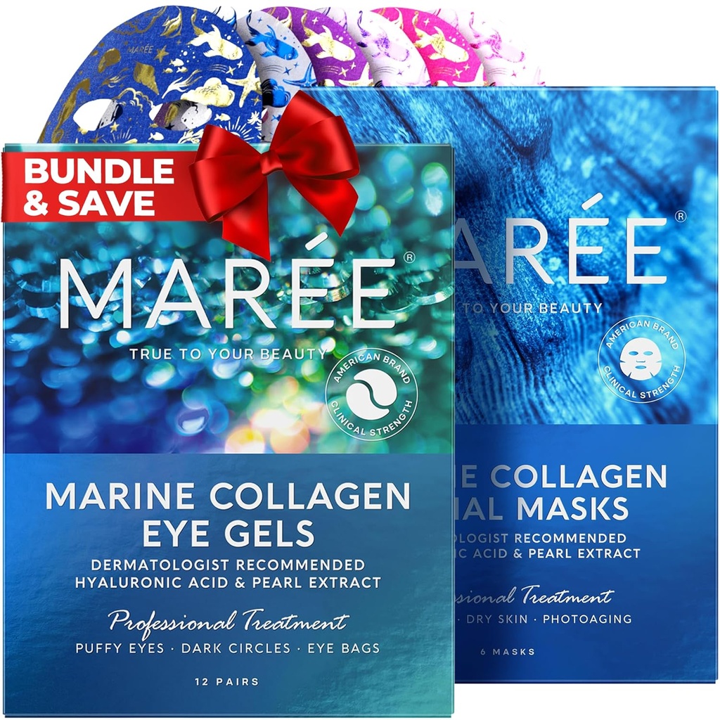 Gels pour les yeux et masques faciaux MAREE - Gels sous les yeux pour les yeux puants et les cercles noirs, masques hydratants feuille - Collagène marin et acide hyaluronique, extrait d'algues vertes et rouges - pour tous les types de peau