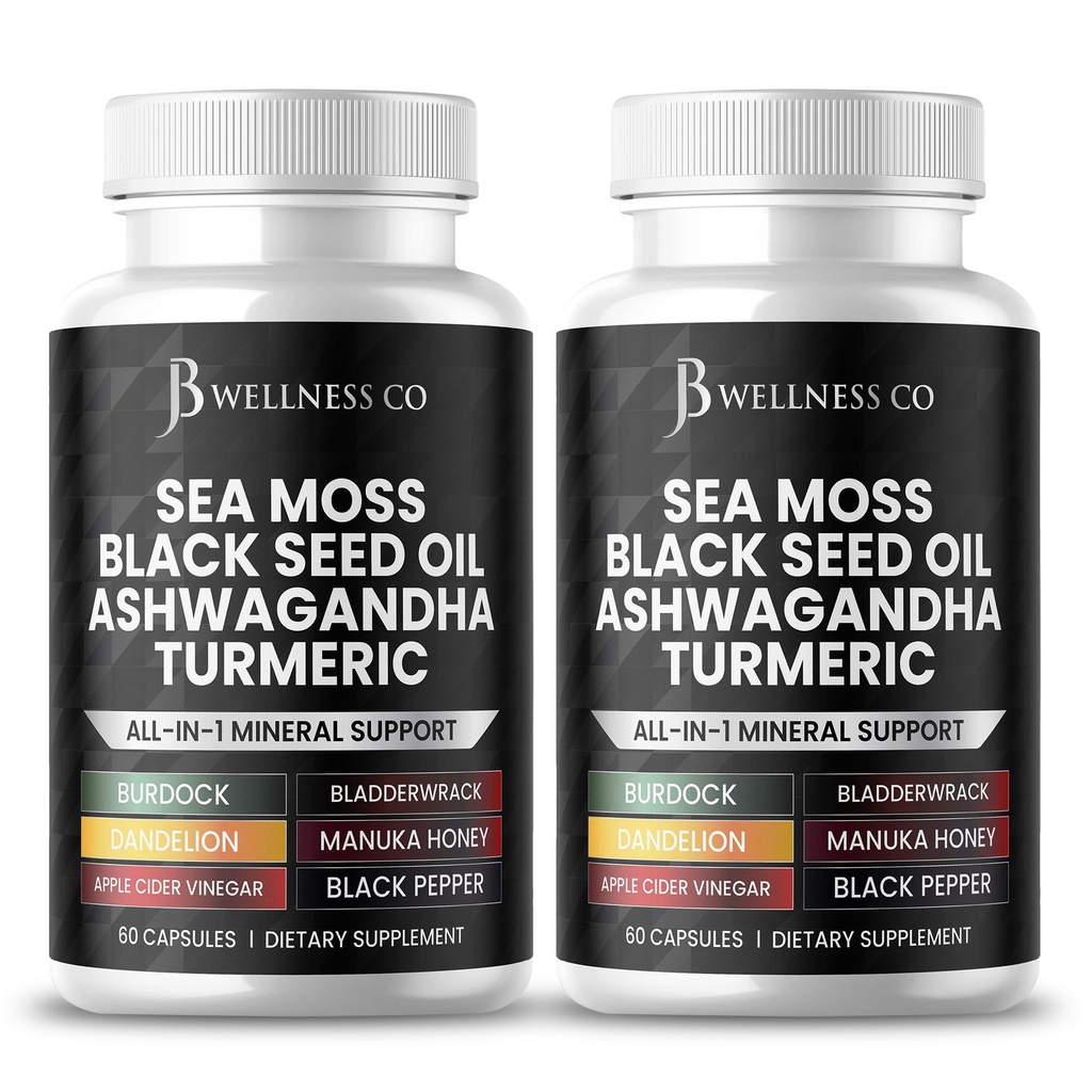 Sea Moss Black Seed Oil Ashwagandha Kurkuma Bladderwrak Burdock - met Manuka, Honey Dandelion, ACV Black Pepper Gluten Gratis- 120 Tellen