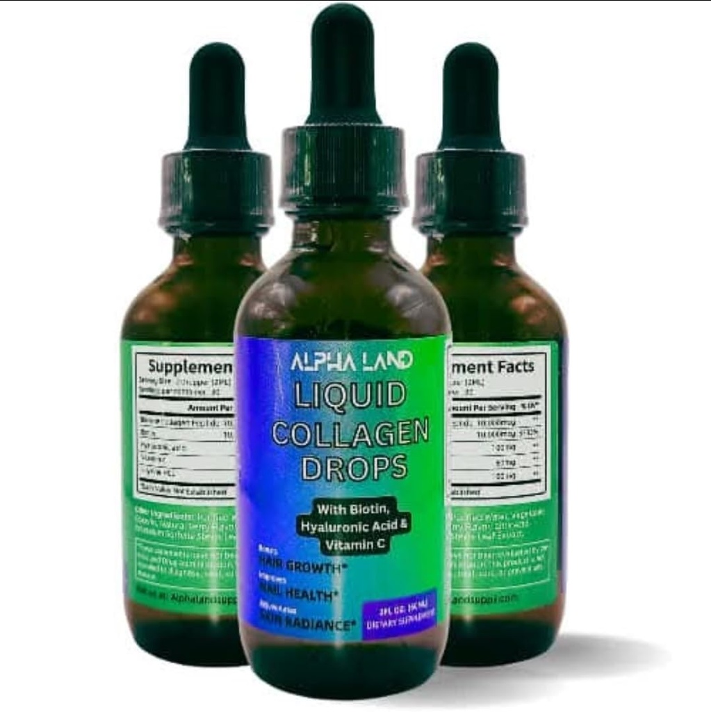 Gouttes de collagène liquide avec acide hyaluronique, biotine et vitamine C – Supplément anti-âge pour l'hydratation de la peau, la croissance des cheveux et la force des ongles – 2 fl oz Sérum de beauté