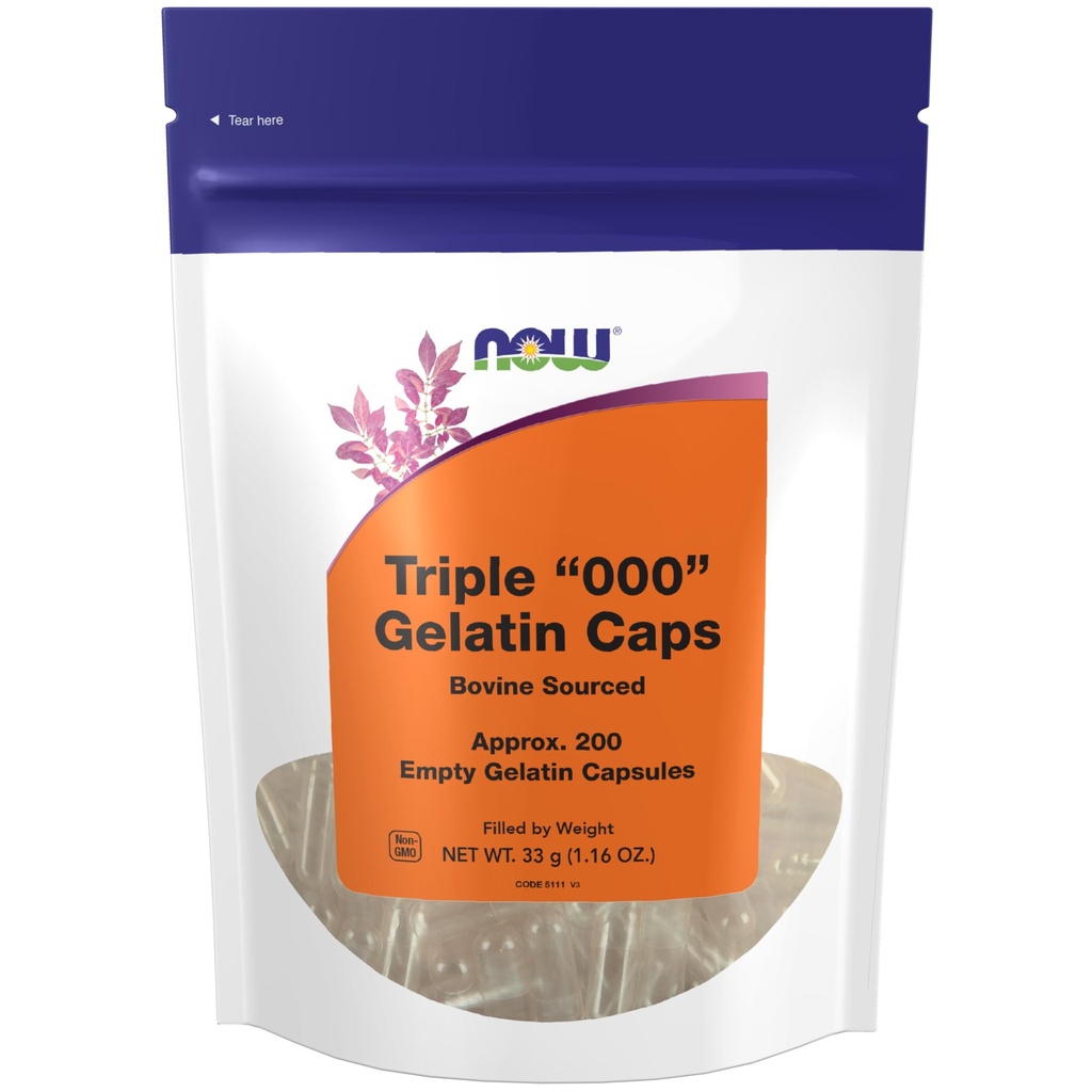 NOW Supplementen, Lege Gelatine Capsules, Triple "000," Runderbrond, Gevuld op gewicht, 200 Gel Capsules