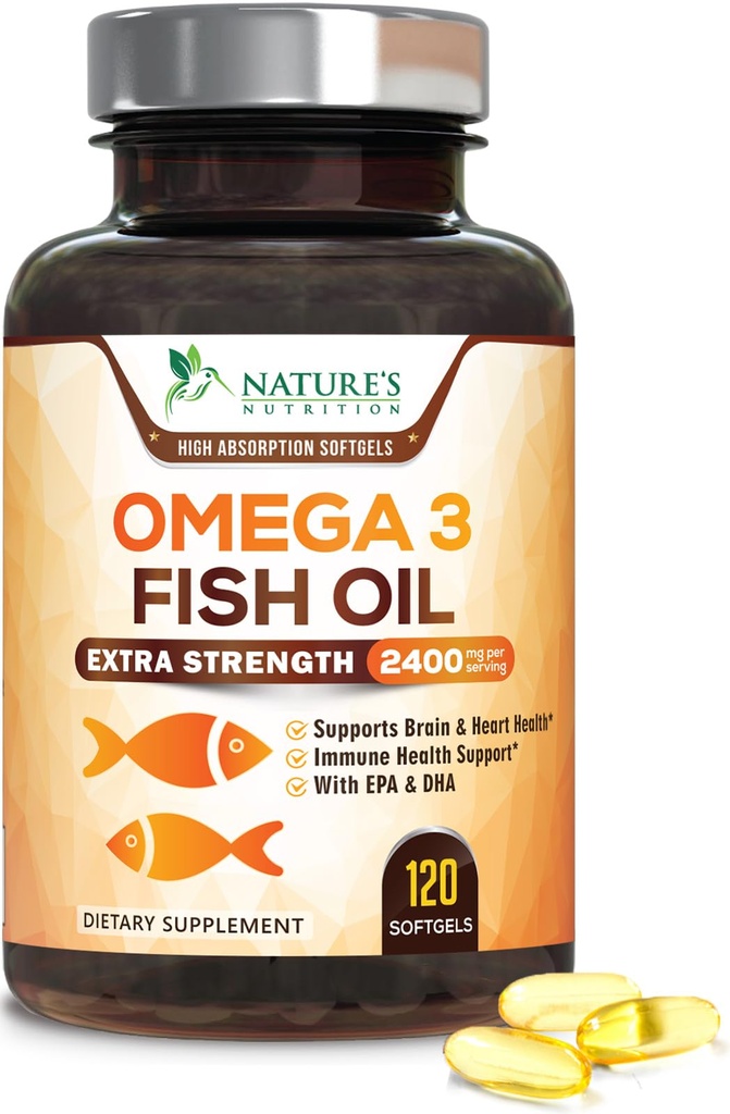 Omega 3 Fish Oil Supplements - 2400mg Fish Oil Per Serving - Triple Strength Omega-3 with EPA & DHA Fatty Acids - Natural Heart, Brain & Immune Support - Wild Caught, Bottled in USA - 120 Softgels