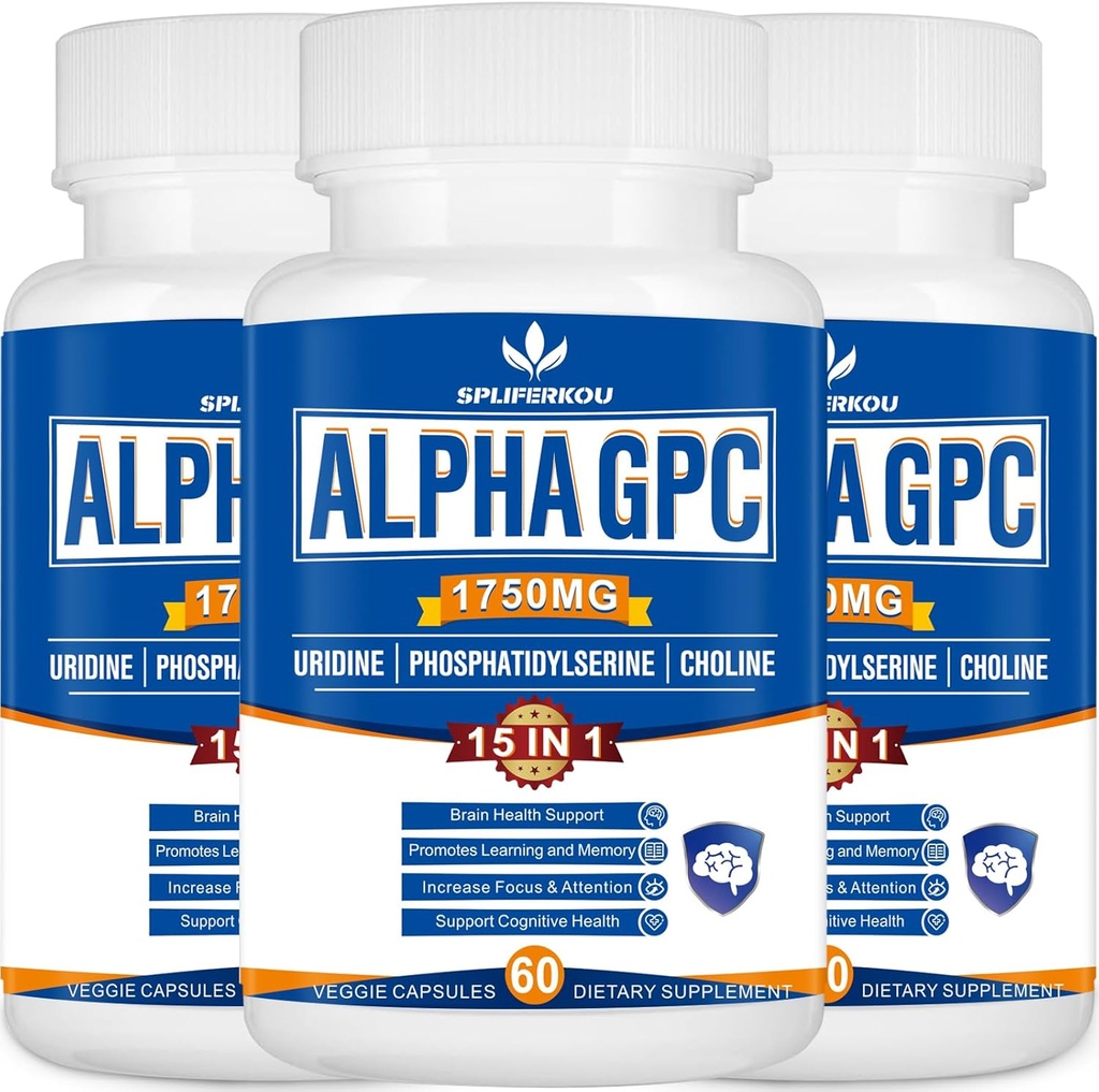 Supplément 15-en-1 Alpha GPC avec Phosphatidylsérine, Uridine, L-Theanine, Lion's Mane Mushroom, 180 Capsules