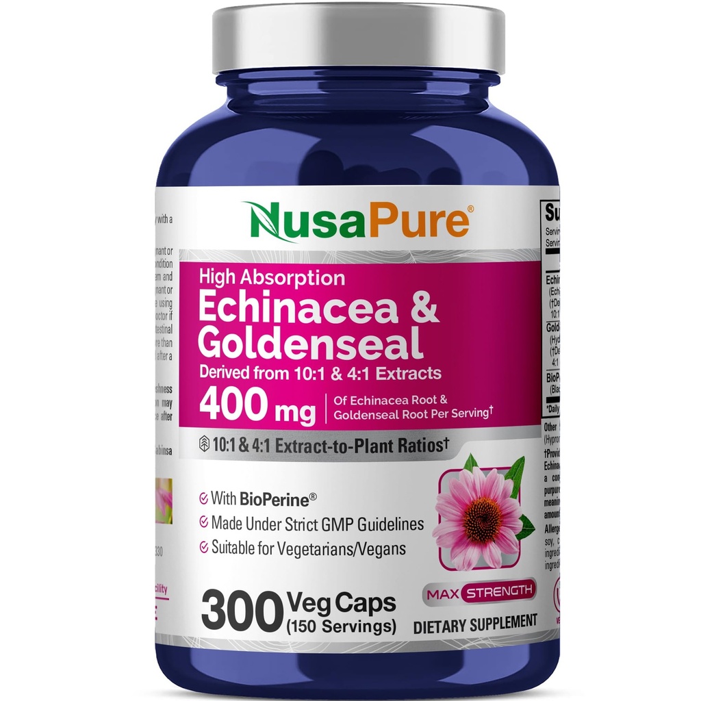 NusaPure Echinacea Goldenseal 200mg, (Extrait 10:1, équivalent à 2 000mg), 200mg, (Extrait 4:1, équivalent à 800mg) - 2800mg 300 Végétiques (Végétarien, non-OGM, végétalien)