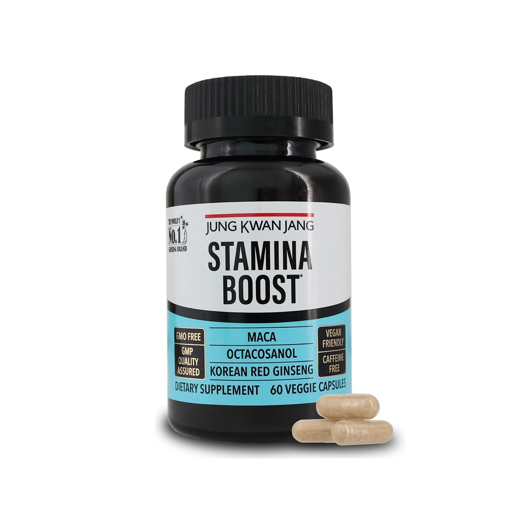 JUNG KWAN JANG Men's Stamina Boost with Korean Red Ginseng, Maca, and Octacosanol for Men's Health and Energy Supplement, 60 Capsules