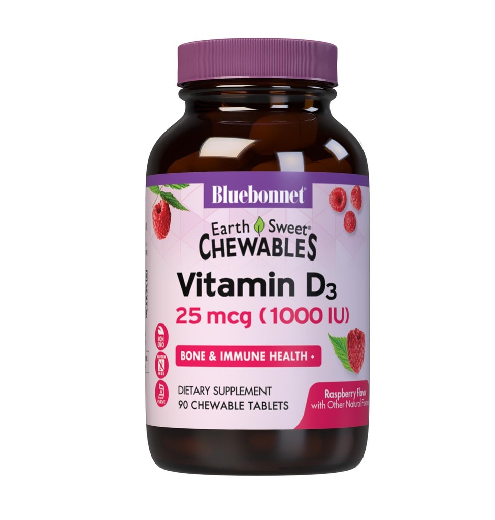Bluebonnet Nutrition EarthSweet Vitamine D3 1000IU - Supplément de soutien os et immunitaire - Supplément de vitamine D à la framboise pour les femmes et les hommes - Sans soja, sans gluten, sans OGM - 90 comprimés