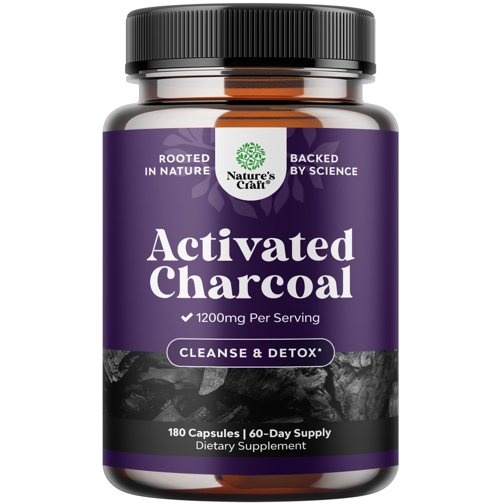 Natures Craft Actieve Charcoal Pillen Detox & Cleanse - Zuiverende Coconut Capsules met 1200 mg per portie voor Bloating Relief - Active Detox Supplement for Body & Gut Health -180 Tel.