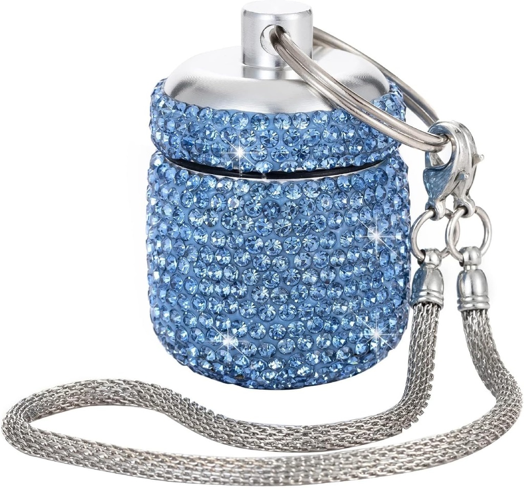 Bling Rhinestone Pill Bouteille Organisateur Daily Travel Pill Case Container Ring Holder Petite boîte de support de médicament pour supplément de vitamine Gum avec porte-clés (bleu clair)