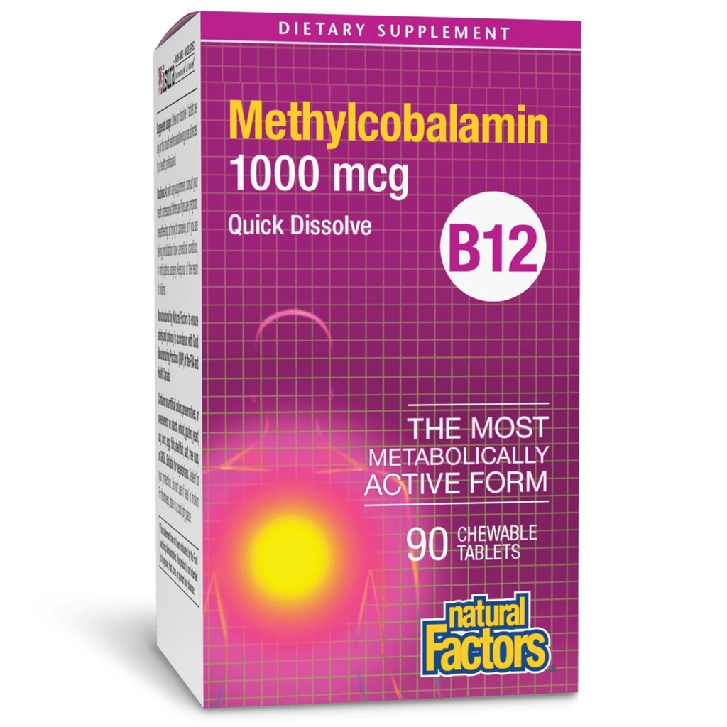 Natuurlijke Factoren, Vitamine B12 Methylcobalamine 1000 mcg, Kauwbare Ondersteuning voor Energie en Immune Gezondheid, Vegetarisch, Glutenvrij, 90 tabletten (90 porties)