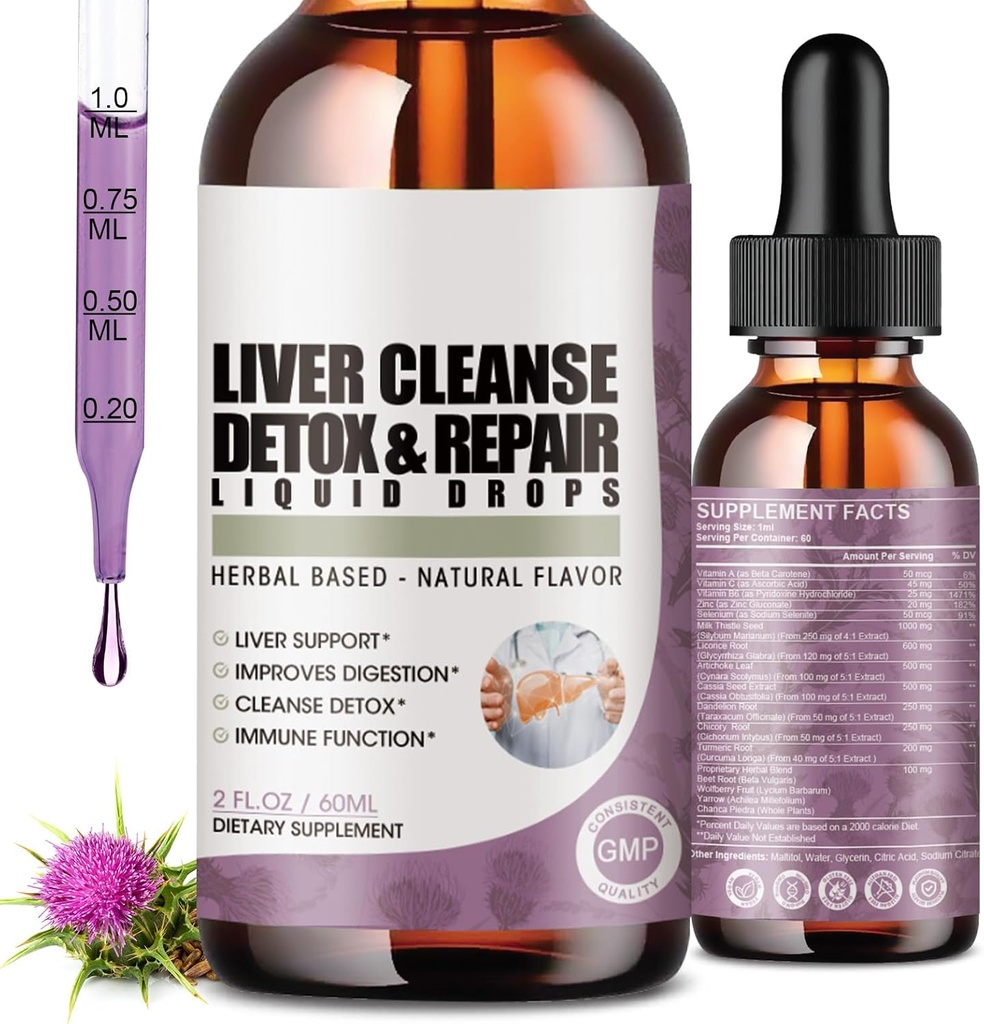 2 Pack Leverreiniging Detox & Reparatie vloeibare druppels met melkdistel, Artichoke Extract, leversupplement voor leverreiniging & detox, Antioxidant, Digestieve Ondersteuning,Vegan - 4 Fl Oz